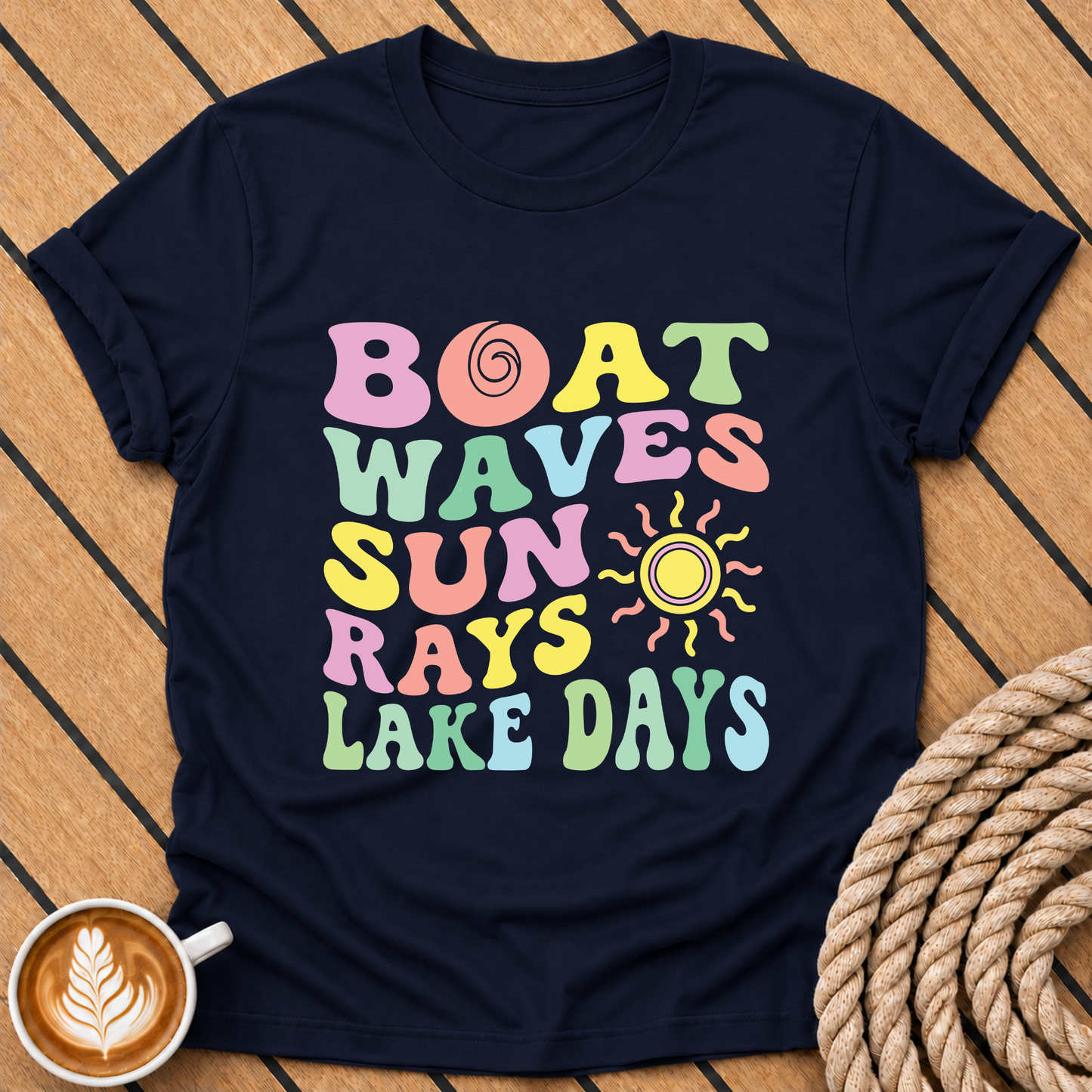 Boat Waves Sun Rays Lake Days Retro Summer Vibes T-Shirt
