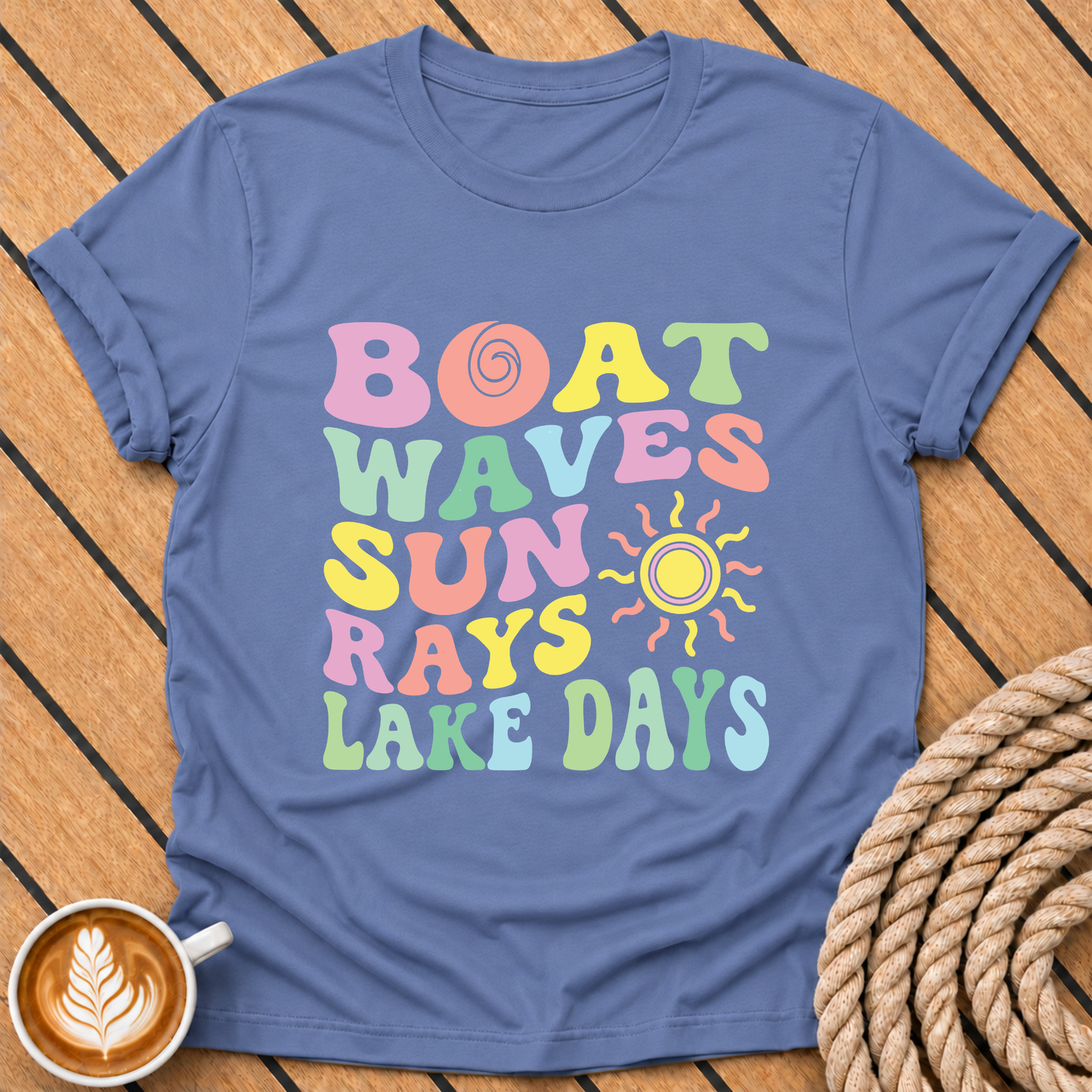 Boat Waves Sun Rays Lake Days Retro Summer Vibes T-Shirt