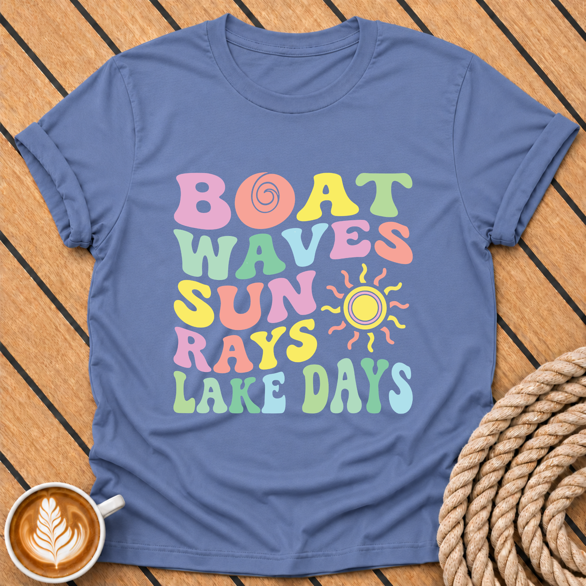 Boat Waves Sun Rays Lake Days Retro Summer Vibes T-Shirt