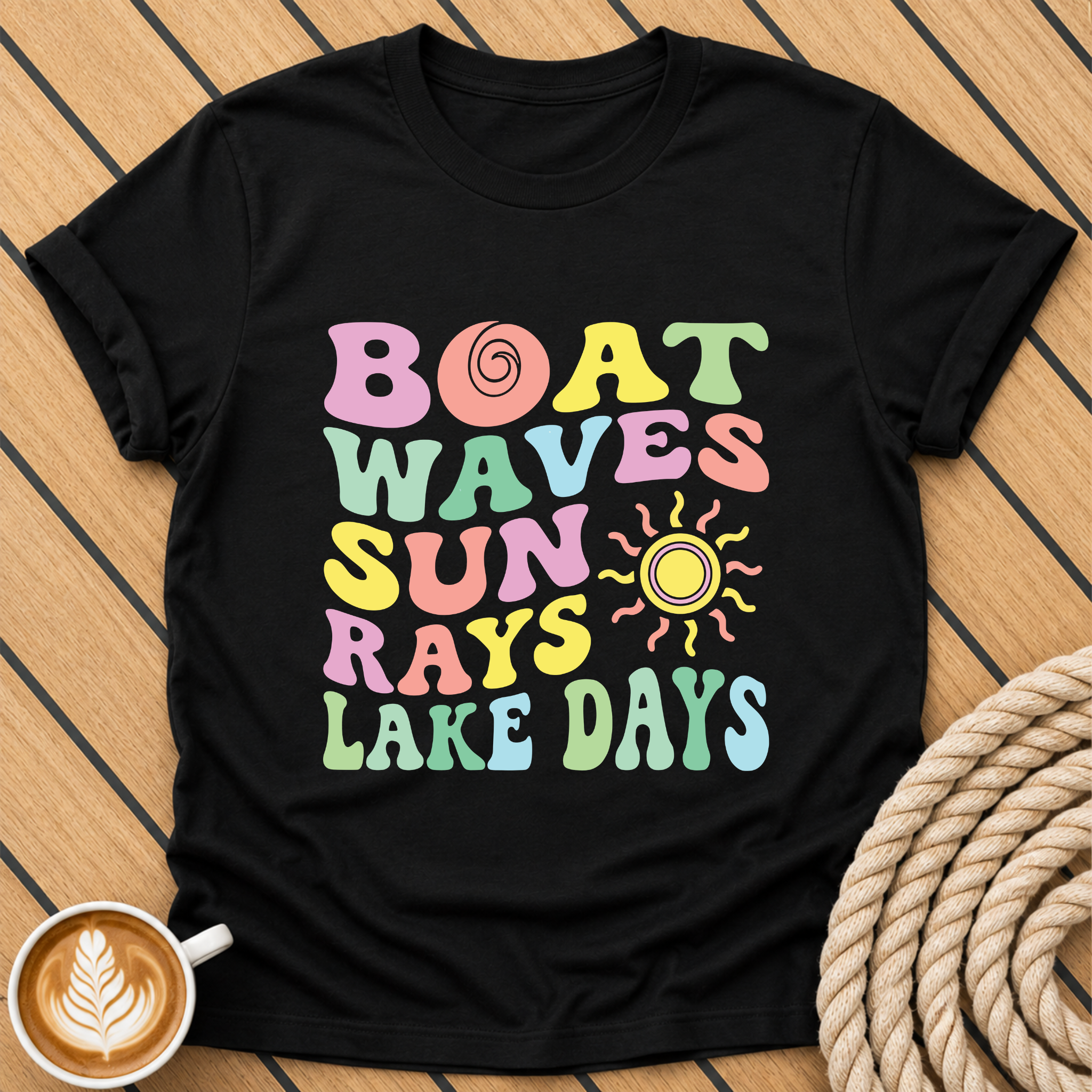 Boat Waves Sun Rays Lake Days Retro Summer Vibes T-Shirt
